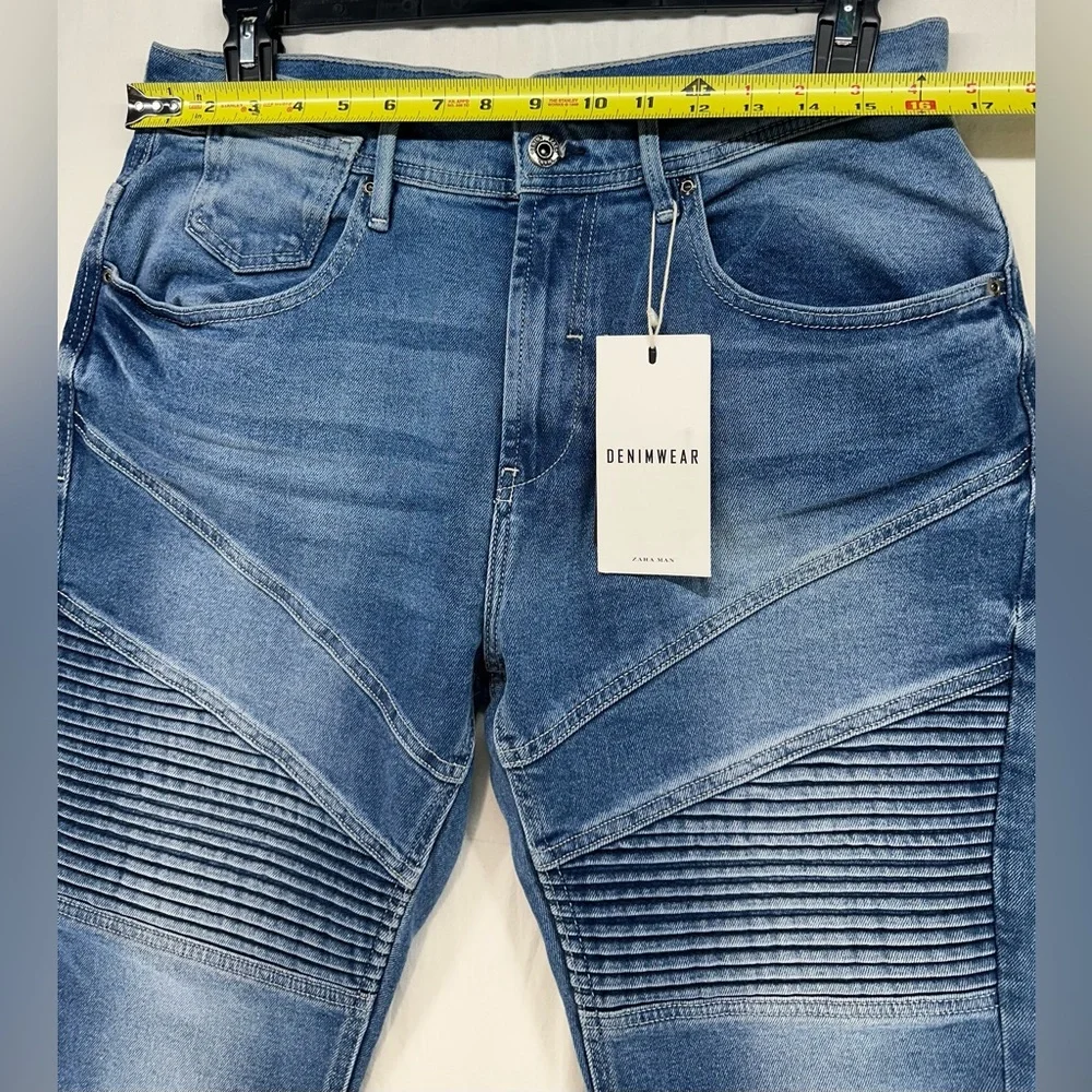 Zara Man Denim Collection Size 32 Blue Biker‎ Moto Skinny Jeans New With Tags